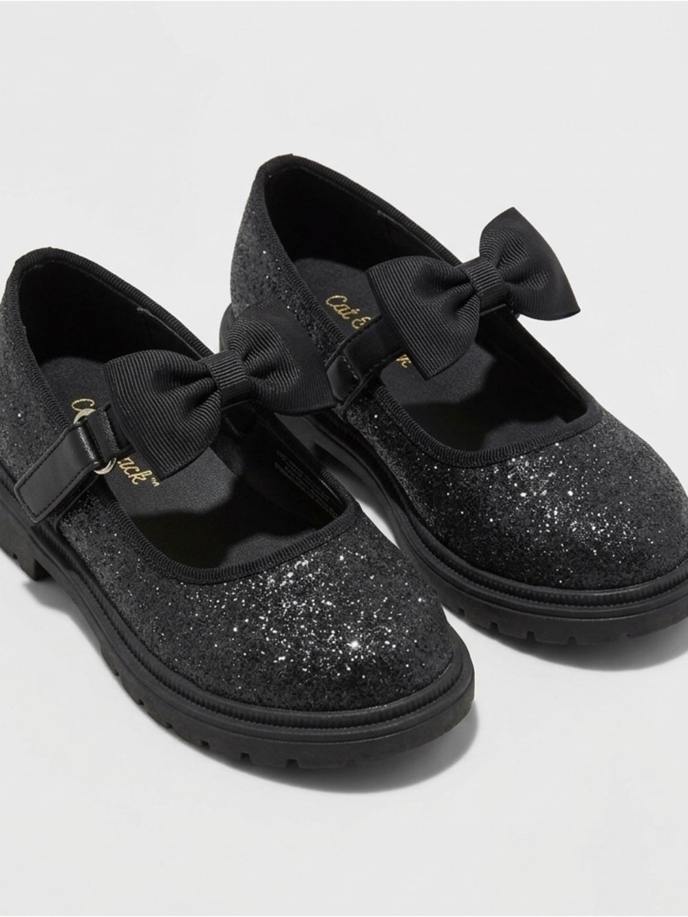🌈6/$10 Cat & Jack Toddler Girls Kori Lug Sole Black Glitter Mary Jane Flats - 9